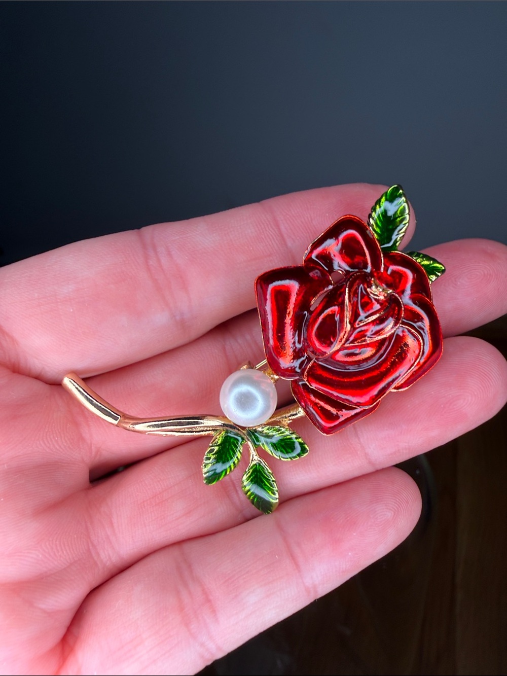 Red Rose Enamel Brooch with Pearl Accent - Women Jewelry